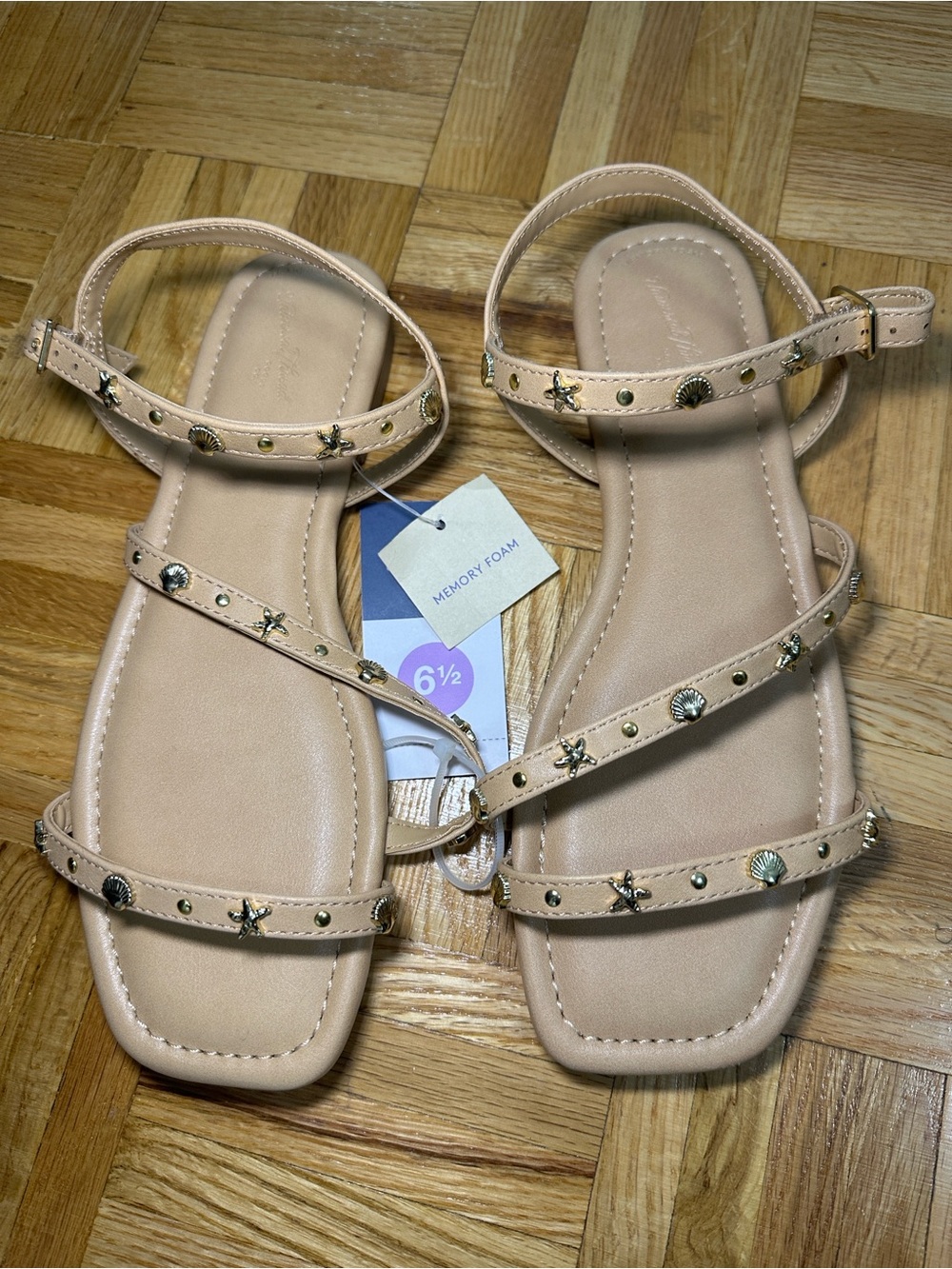 Universal Thread Beige Strappy Sandals with Gold Star & Shell Studs